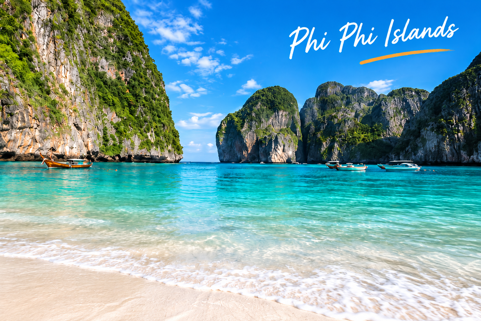Blue sea and cliffs of Phi Phi Islands, labeled Phi Phi Islands